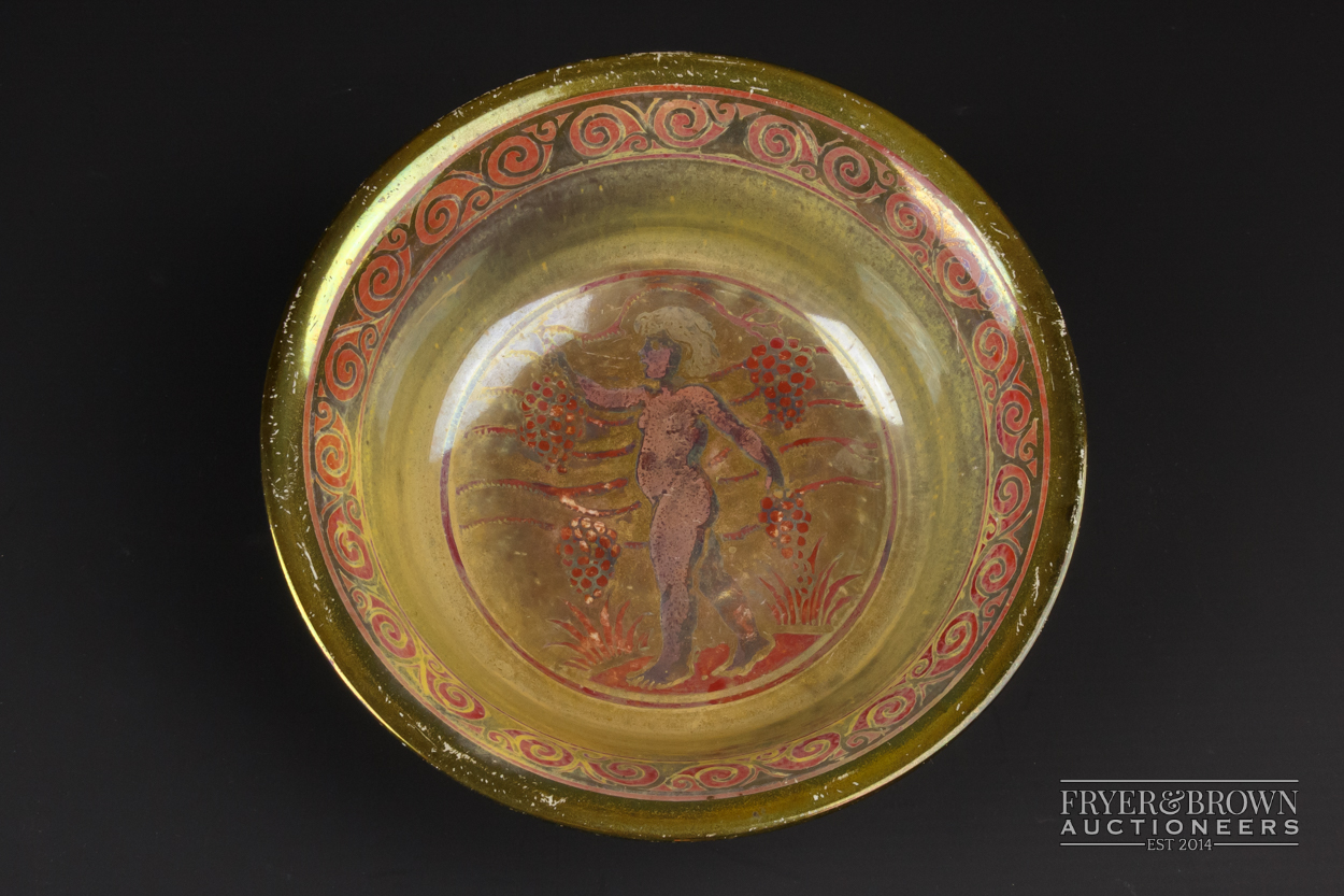 A Royal Lancastrian pottery bowl, circular painted to the interior with a cherub and fruiting