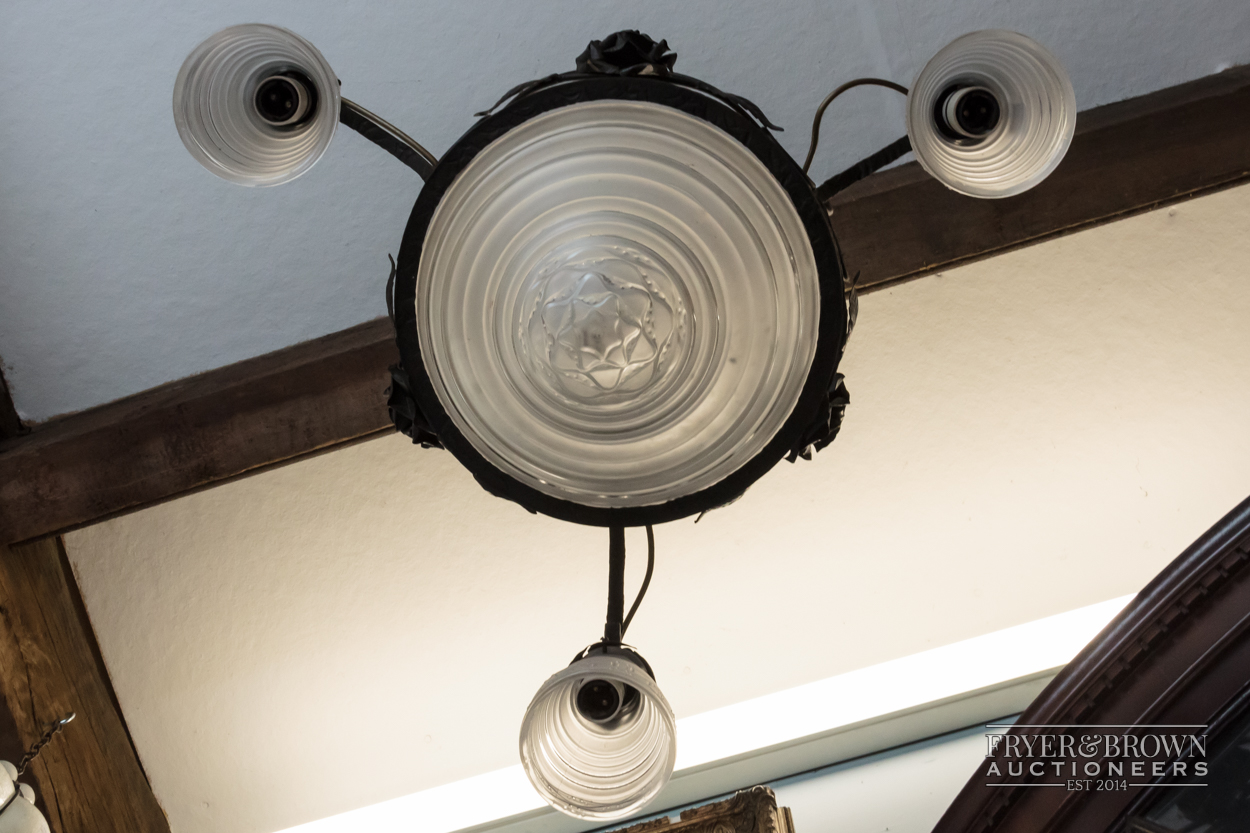 A French Art Deco metalwork light fitting finely worked with roses and stiff leaves, the central - Image 5 of 7