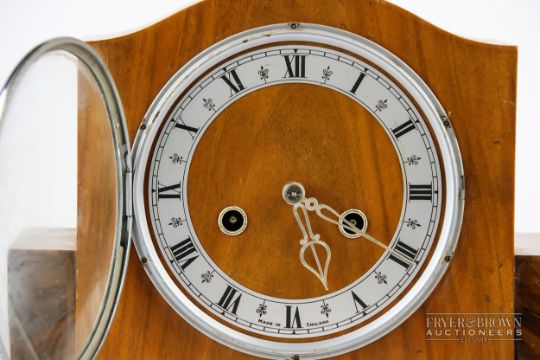 An Art Deco walnut mantle clock, Enfield movement, the dial with Roman numerals - Image 2 of 4