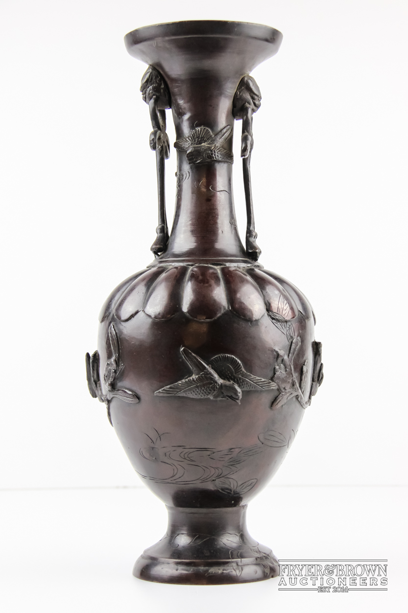 A bronze bottle neck vase, decorated with birds, foliage and grotesques, c1900, 37.5cm high approx. - Image 5 of 5