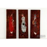 Three Vietnamese lacquered plaques with mother of pearl and gilt (3)