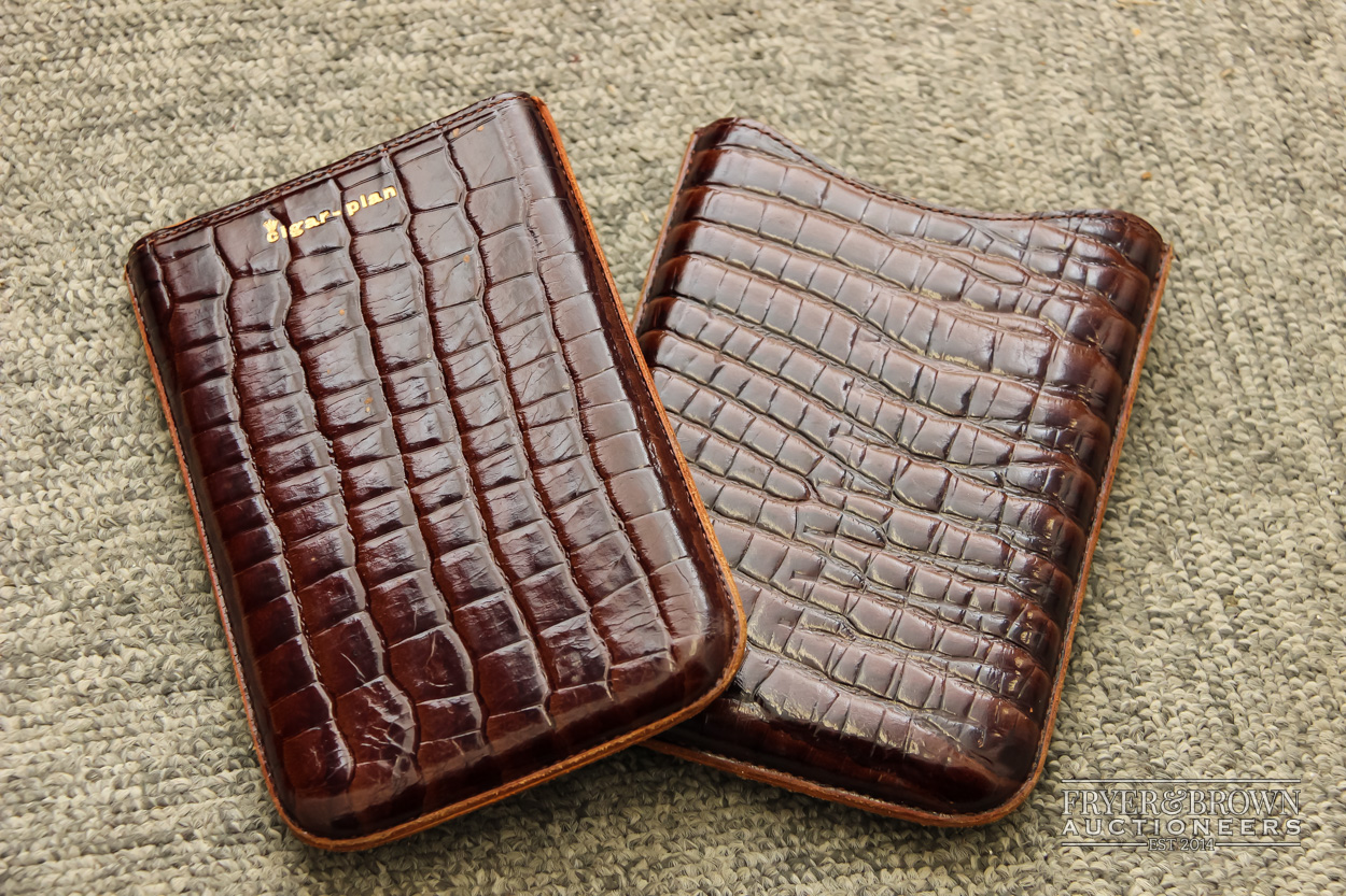 A vintage brown leather bag; and a leather cigar case with faux crocodile patent finish (2) - Image 2 of 4