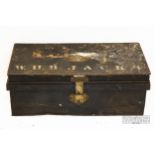 A small metal strong box with handle at side, 61 x 31 x 23 cm; and a smaller metal 'document box',