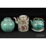 A Chinese porcelain famille rose tea kettle; a ginger jar & cover, turquoise ground; a teapot,