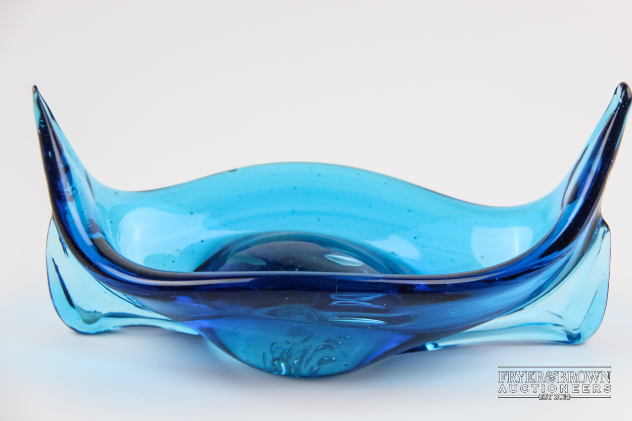 A Mdina blue glass gondola form dish, etched mark to base, 18cm approx.