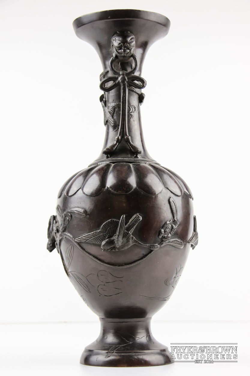 A bronze bottle neck vase, decorated with birds, foliage and grotesques, c1900, 37.5cm high approx. - Image 2 of 5