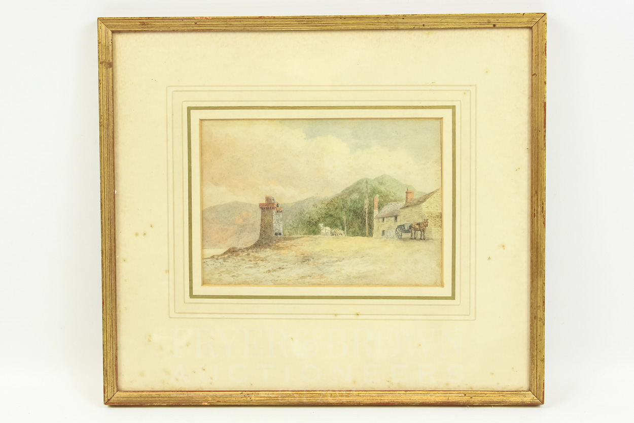 A watercolour view of a mountainous landscape, horse drawn carts before a tower and building, 17 x