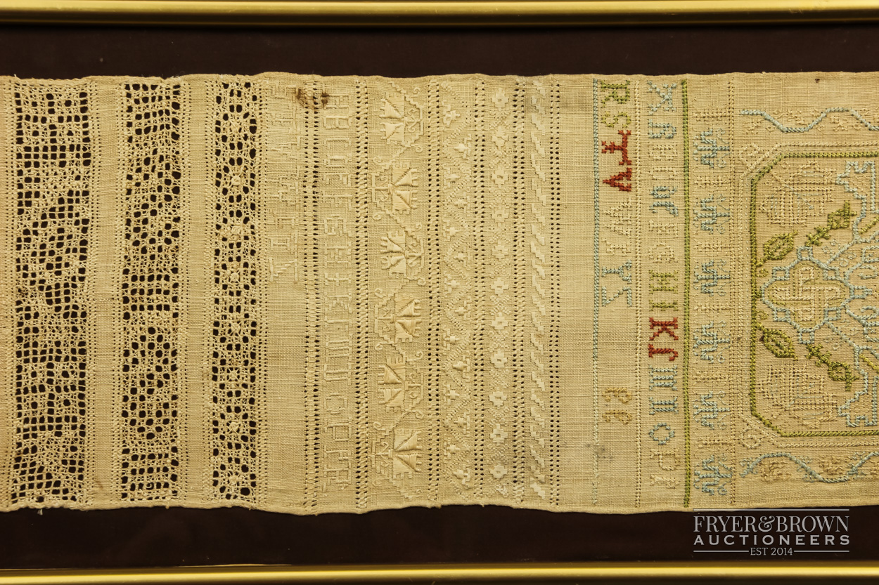 A needlework whitework and reticella band sampler by Elizabeth Eliott, 17th century, the top bands - Image 3 of 5