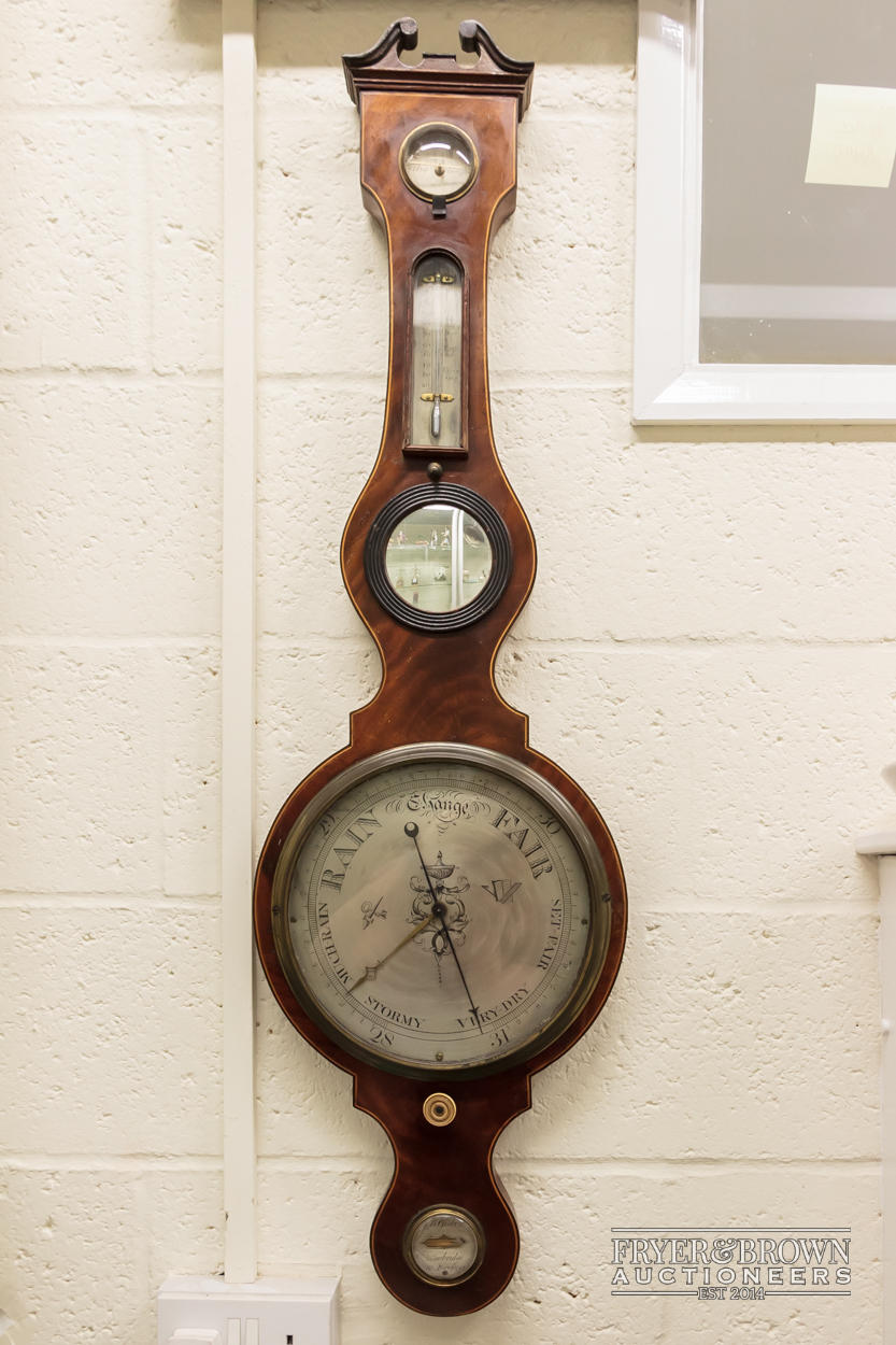 A Regency Giobbo mercurial wheel barometer, c1820, 25cm diameter dial with Masonic symbols,