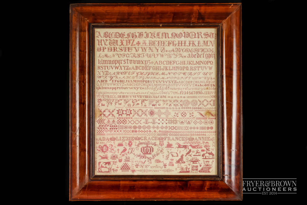 A Bristol Orphanage sampler, by K. Durting, dated 1882, worked in red with alphabet, numerals and