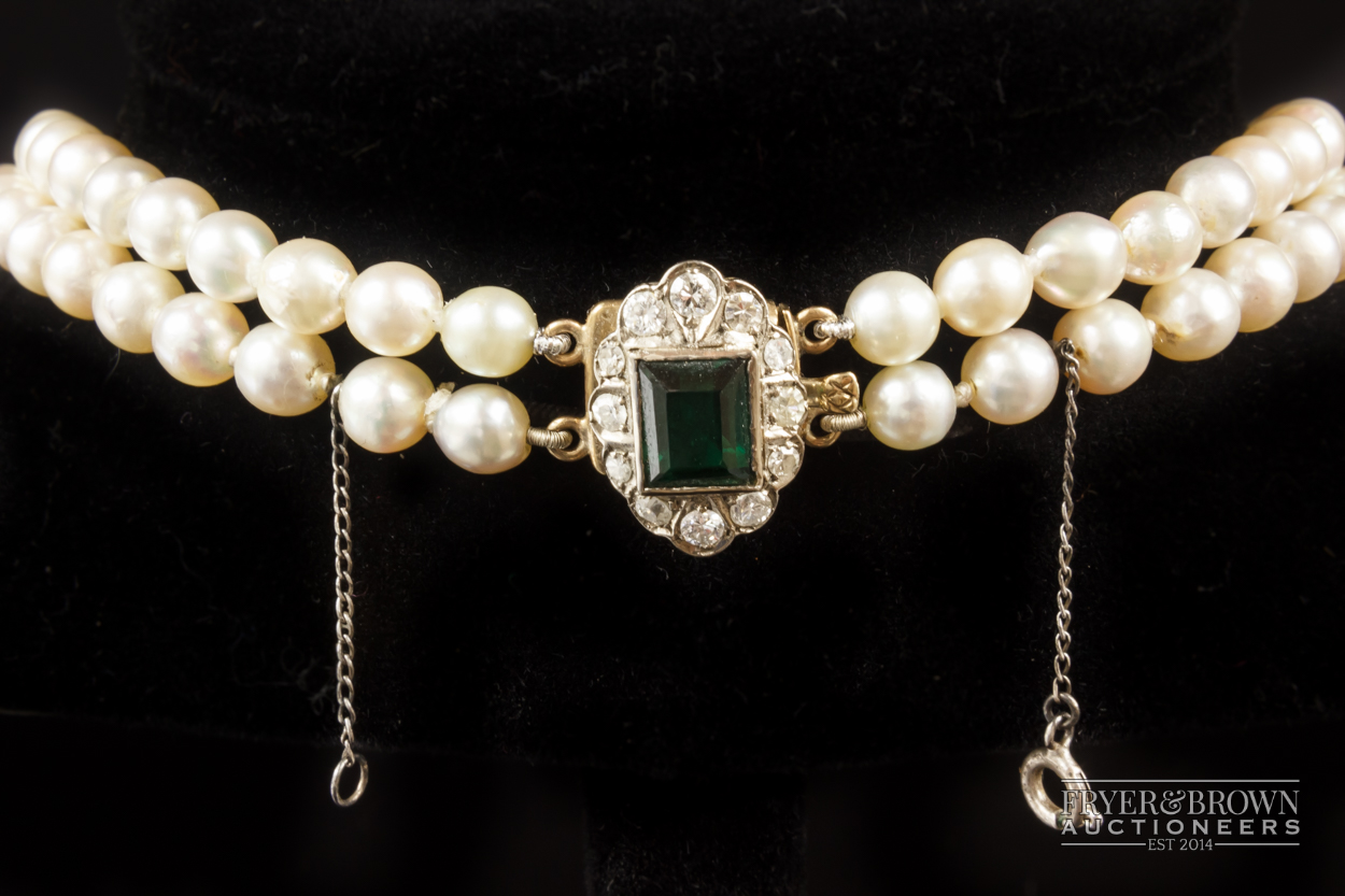 A two row cultured pearl necklace, with tourmaline and diamond clasp, comprising 62 and 66 graduated - Image 3 of 6