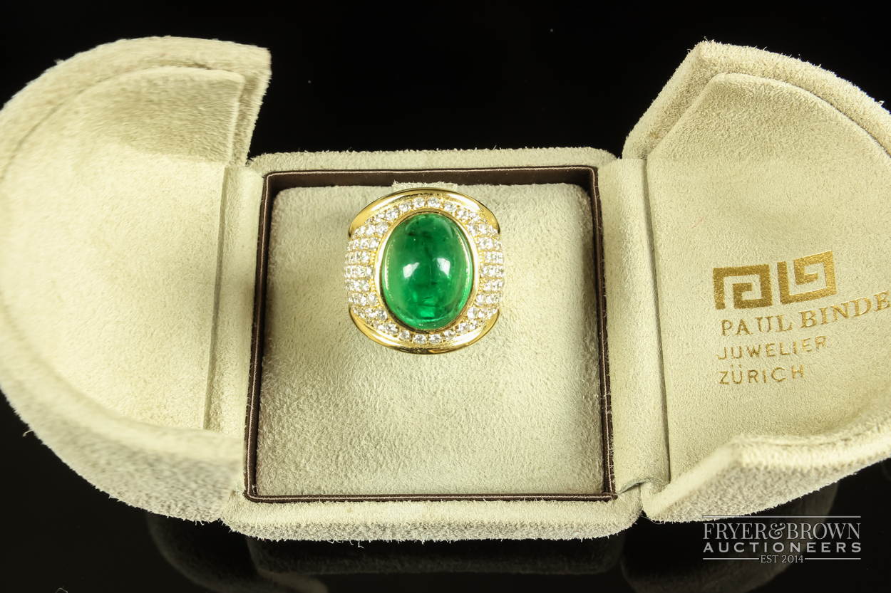 Kiki McDonough - a fine and impressive cabochon emerald and diamond ring, the oval shaped - Image 4 of 5