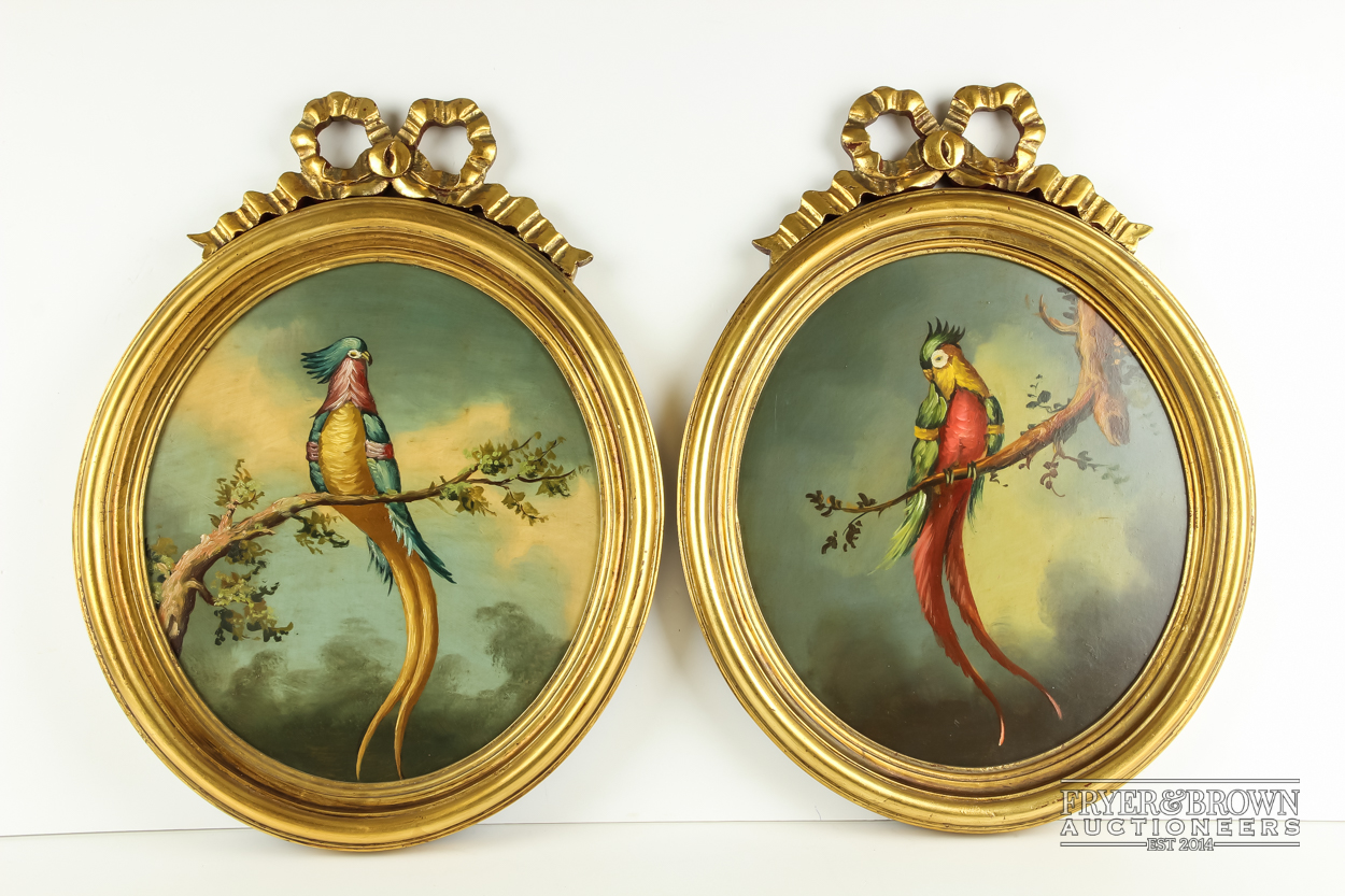 A pair of oil paintings of tropical birds, oval, ornate Regency style gilt frames (2)