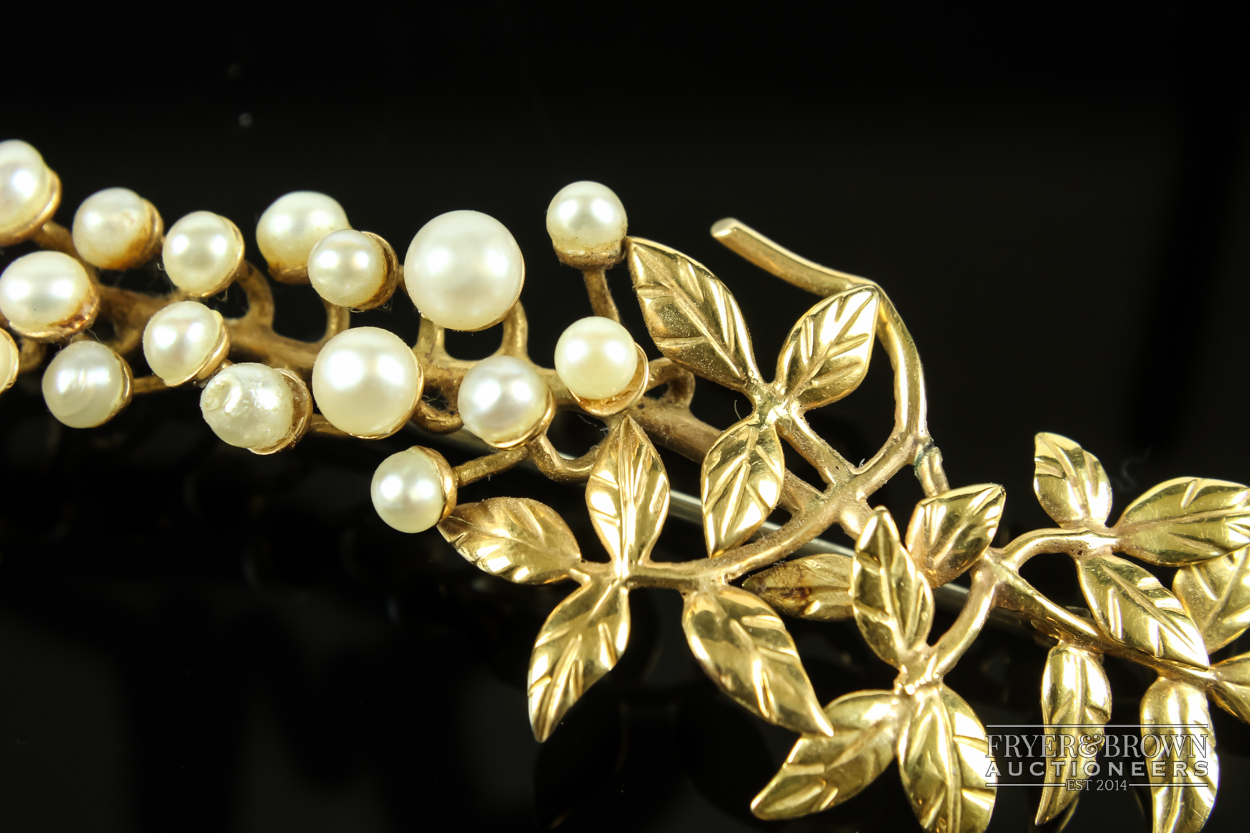 A yellow metal and split pearl brooch, formed as a stylised leafy 'flowering' branch, marked to - Image 3 of 4