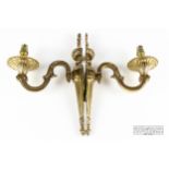 A pair of brass wall lights, single arm, candle effect lights, with shades (2)