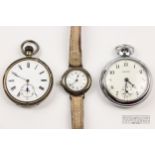 A ladies silver and enamel wristwatch, c1920; and two pocket watches (3)