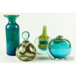 Three Mdina art glass vases, in tones of green, blue and yellow; and a Mdina dump or paperweight,
