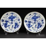 Two Chinese blue & white porcelain plates, decorated with scholars' objects, blue painted peach