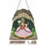 A late 19th century beadwork handbag, the brightly coloured beads depicting an 18th century lady