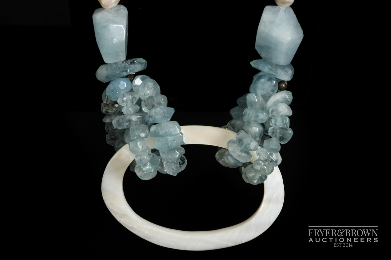 An unusual freshwater pearl, aquamarine and mother of pearl necklace, with irregular faceted - Image 2 of 4