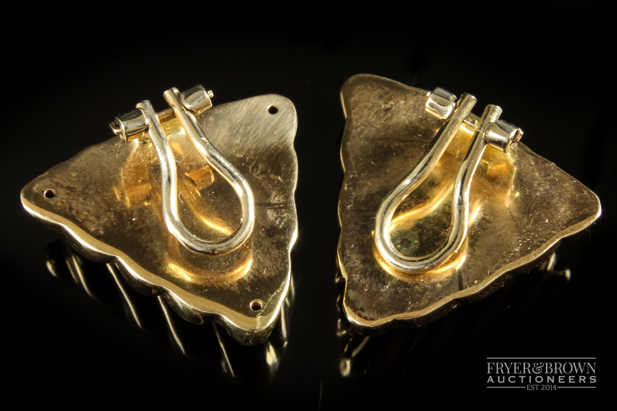 A pair of 1970s 14ct yellow gold ribbed triangular shaped ear clips, approximate total weight 6grs - Image 2 of 2