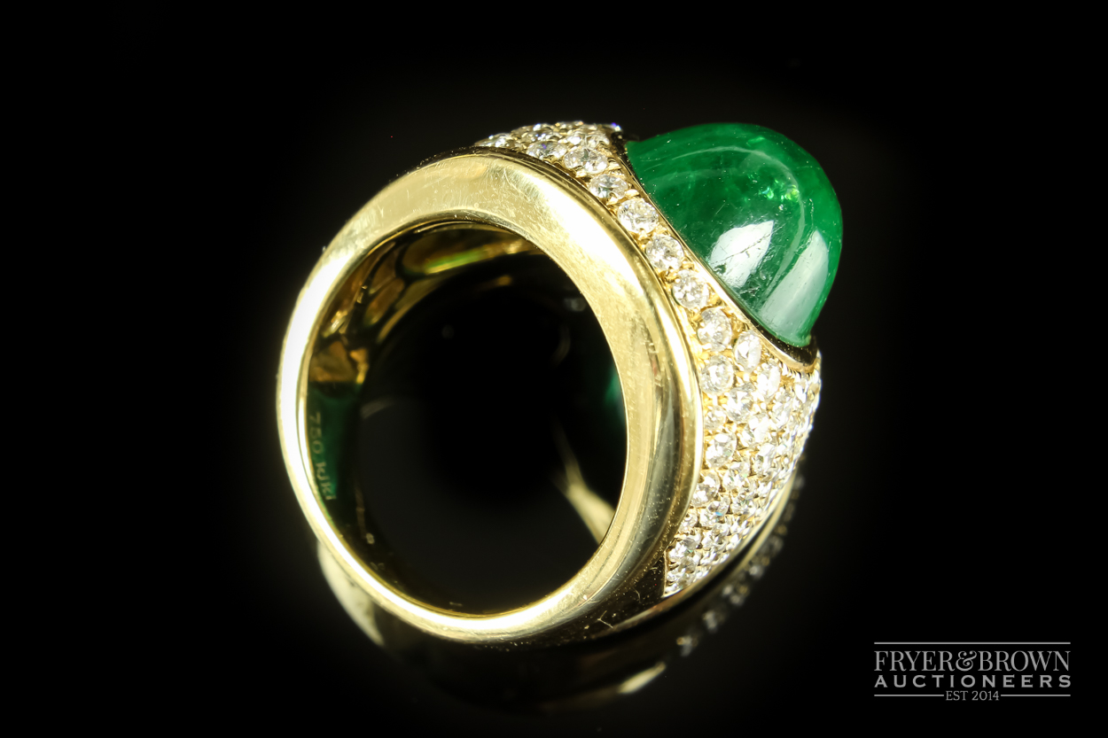 Kiki McDonough - a fine and impressive cabochon emerald and diamond ring, the oval shaped - Image 3 of 5