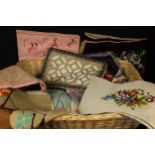 A quantity of various tapestry, woolwork and beadwork panels; pyjama cases; and kid leather