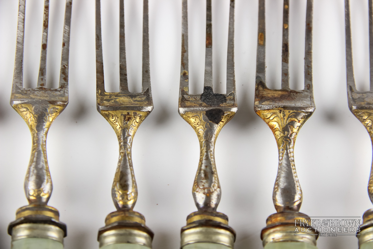 A set of six chased steelwork and hardstone forks, early 19th century, each with three tines, the - Image 2 of 3