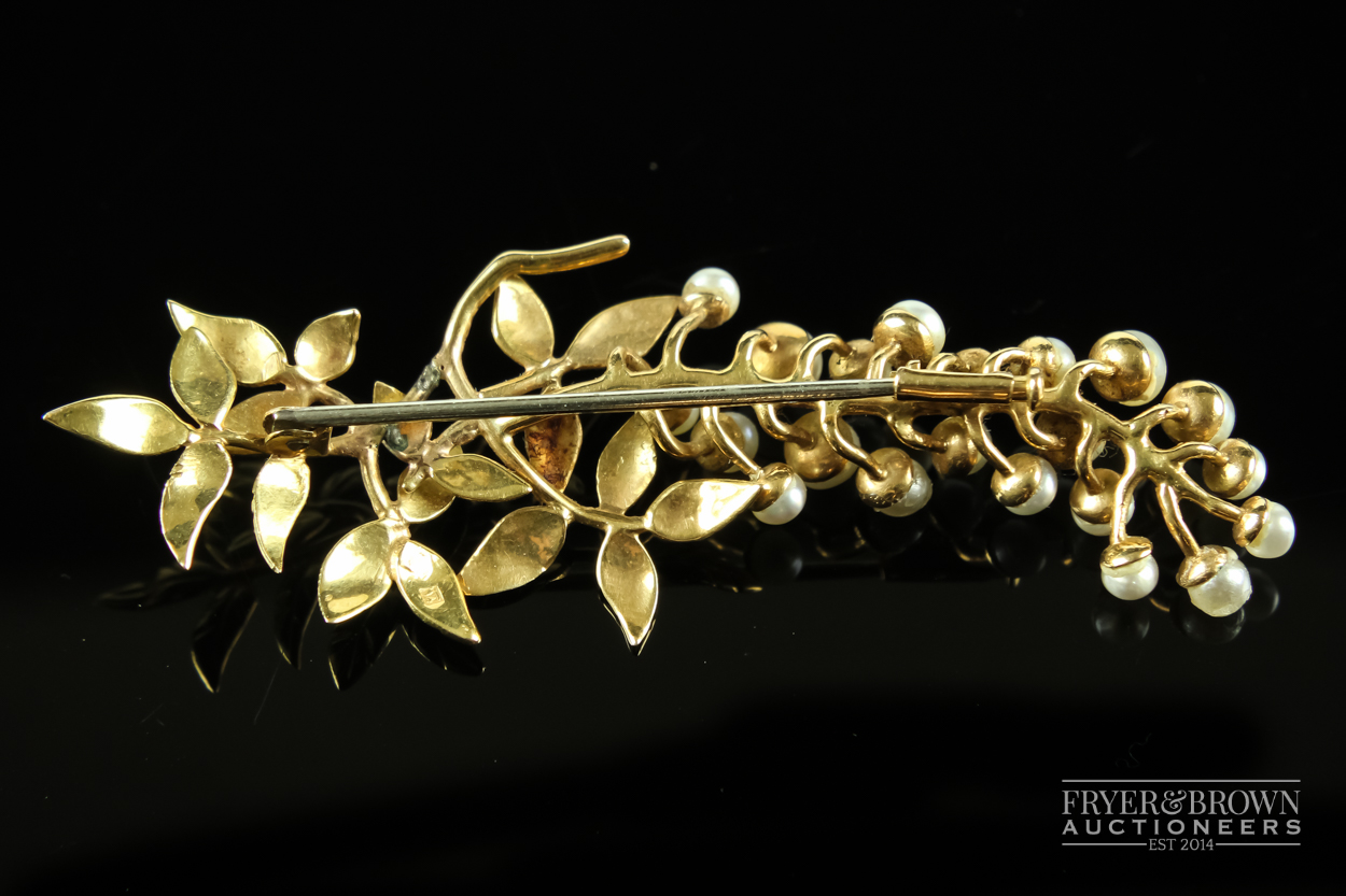 A yellow metal and split pearl brooch, formed as a stylised leafy 'flowering' branch, marked to - Image 2 of 4