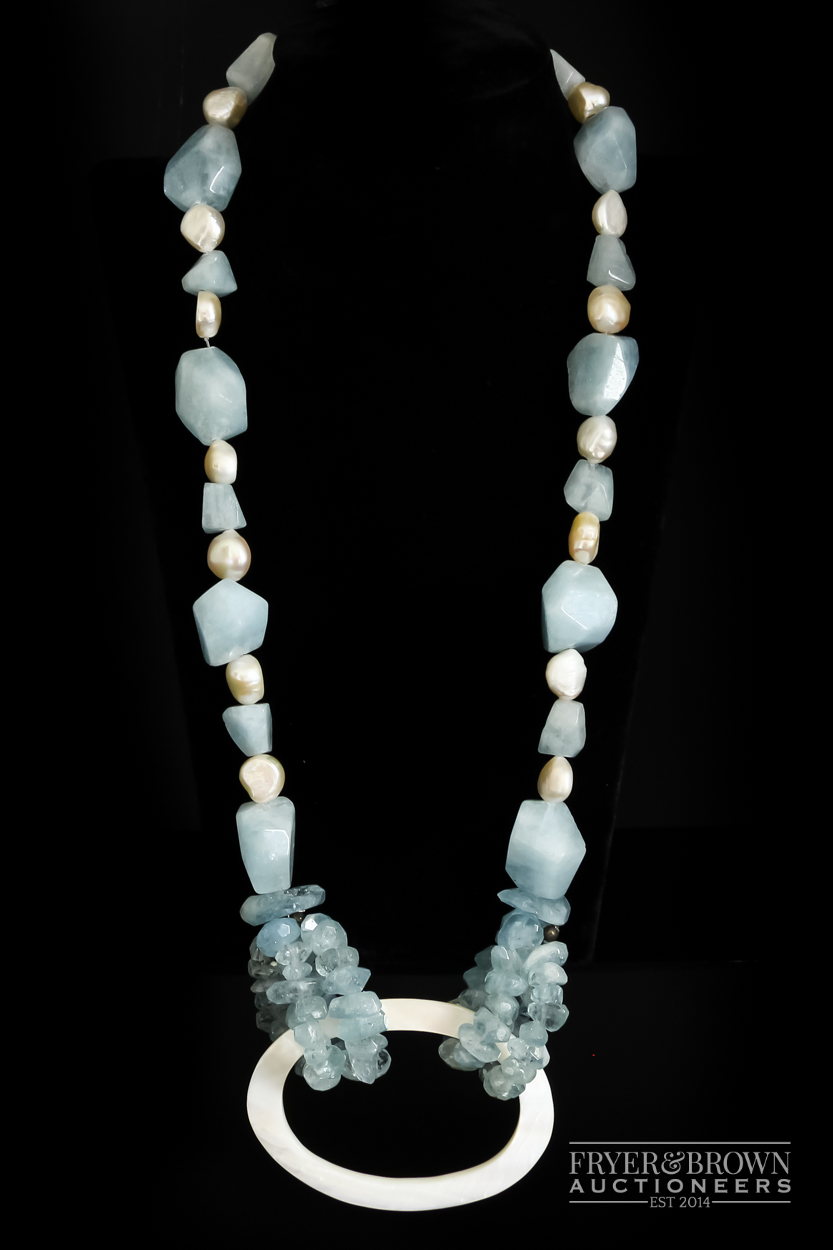 An unusual freshwater pearl, aquamarine and mother of pearl necklace, with irregular faceted