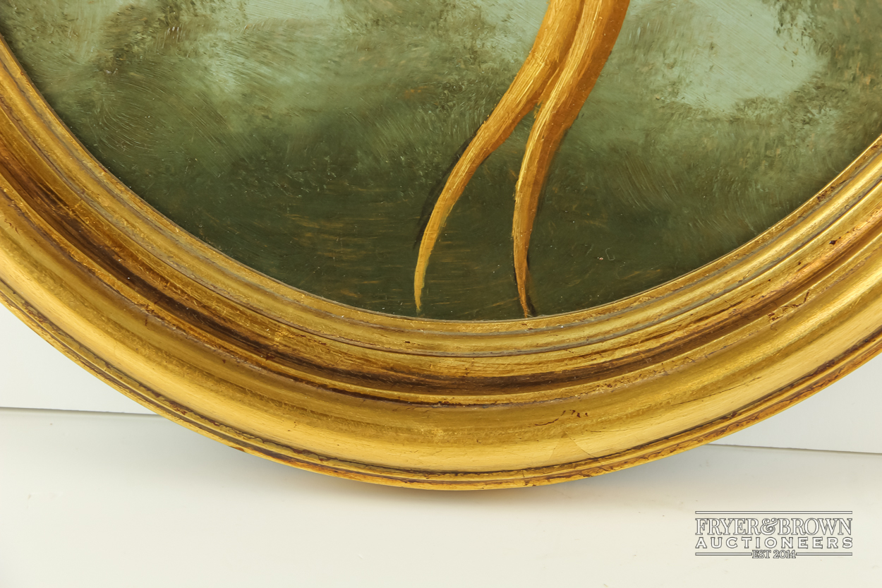 A pair of oil paintings of tropical birds, oval, ornate Regency style gilt frames (2) - Image 5 of 5