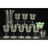 Eight acid etched sherry glasses, c1930; an imperial ½ pint measuring beaker; a coloured glass salt,