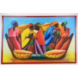 Bien Aime - Haitian figures with baskets, acrylic on canvas, 92 x 60cm approx.