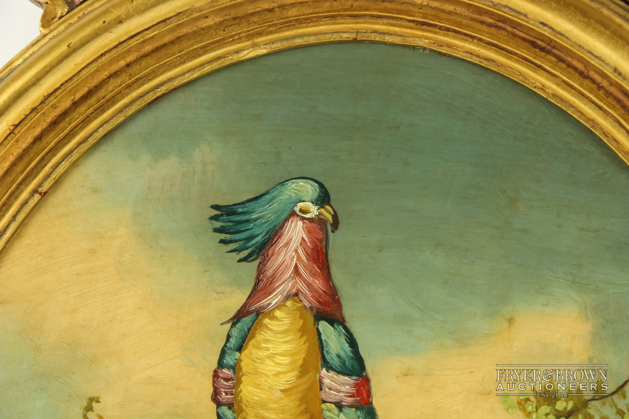 A pair of oil paintings of tropical birds, oval, ornate Regency style gilt frames (2) - Image 3 of 5