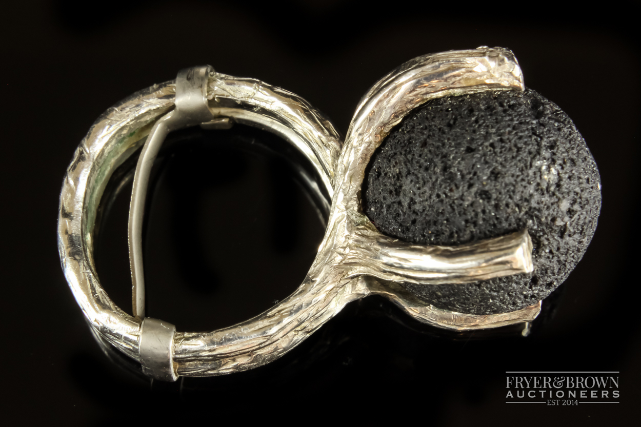 An Icelandic designed and made silver and volcanic rock necklace, bangle and ring, the textured - Image 6 of 6