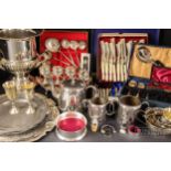 A quantity of silver plated & metalware items, including an wine cooler, trays, flatware, etc. (