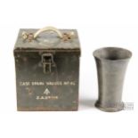 A military valve case, no.4L, marked Z.A. 28214; and a pewter beaker, stamped to base with rose