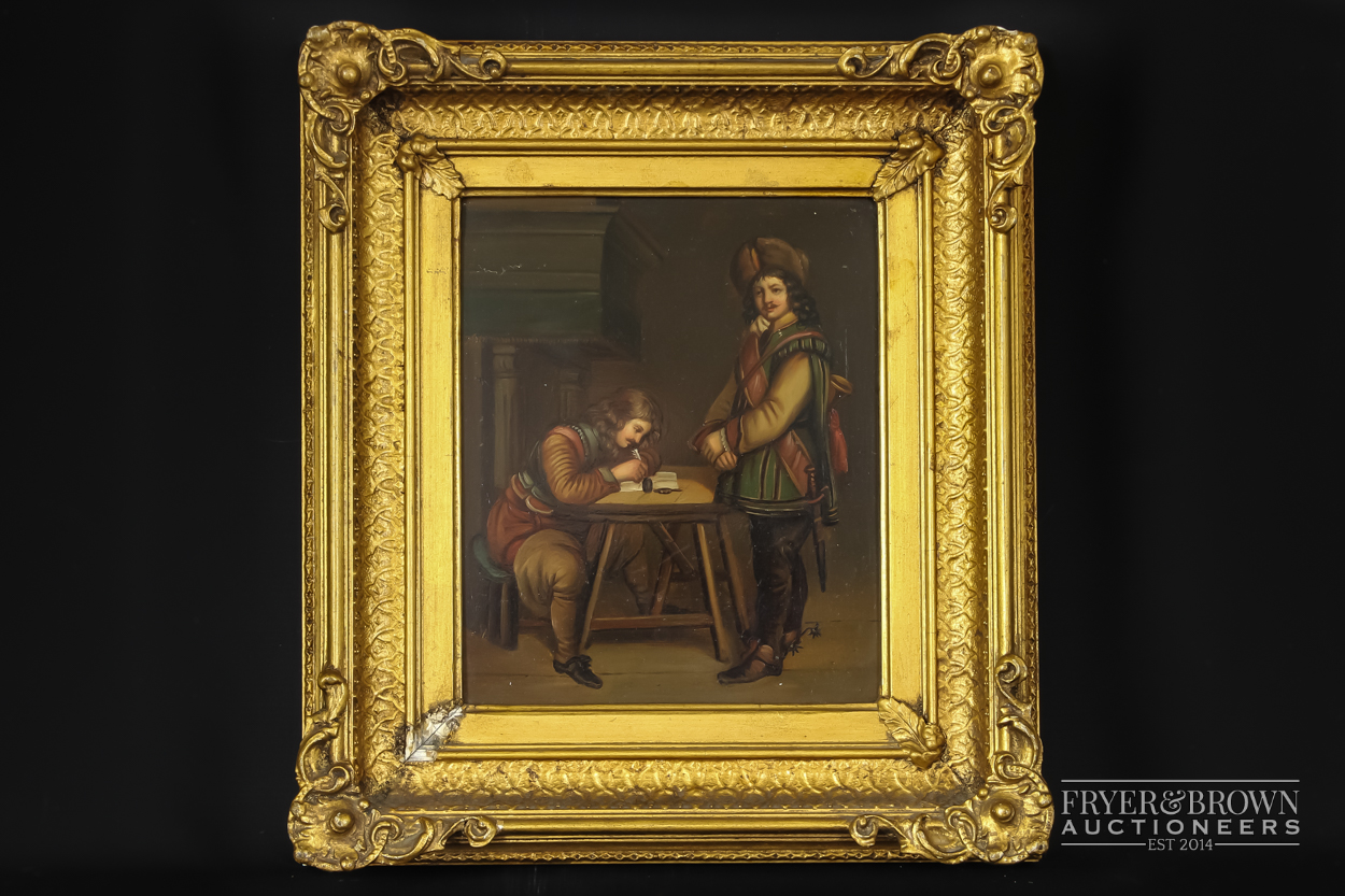 An oil on copper of two Carolean cavalry, ornate gilt wood frame, 15.5 x 19.5cm approx.