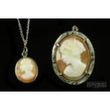 A cameo brooch/pendant, of a woman's head in profile, in white metal mount stamped 800, 2.5cm max;