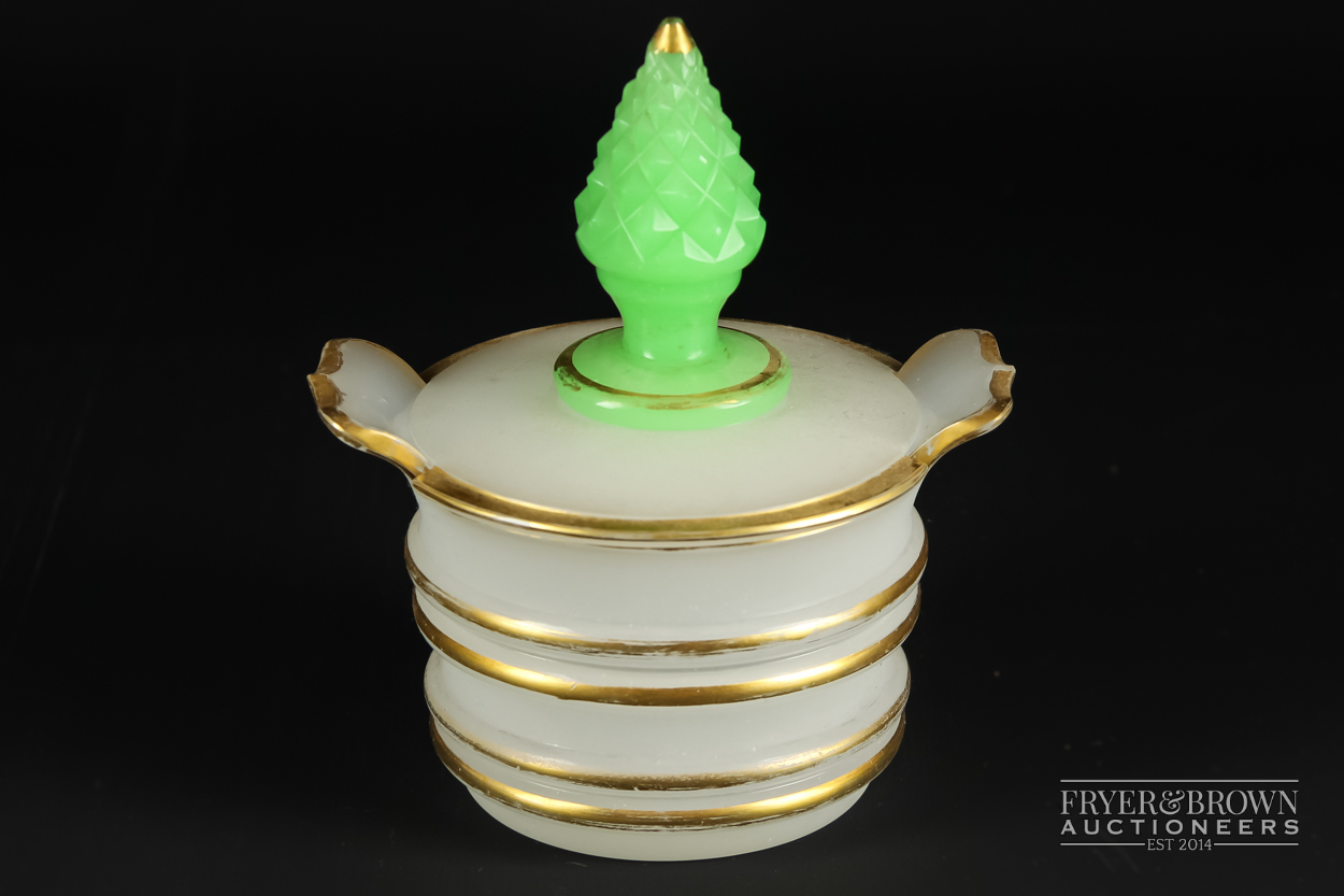 A rare French opaline glass tub, cover & stand, c1840, the tub with lugs and raised banding of