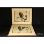 Taiwan School - two pen & ink paintings, one of a cockerel, 'Ji Lou Yu Shi',  the other of a bird of