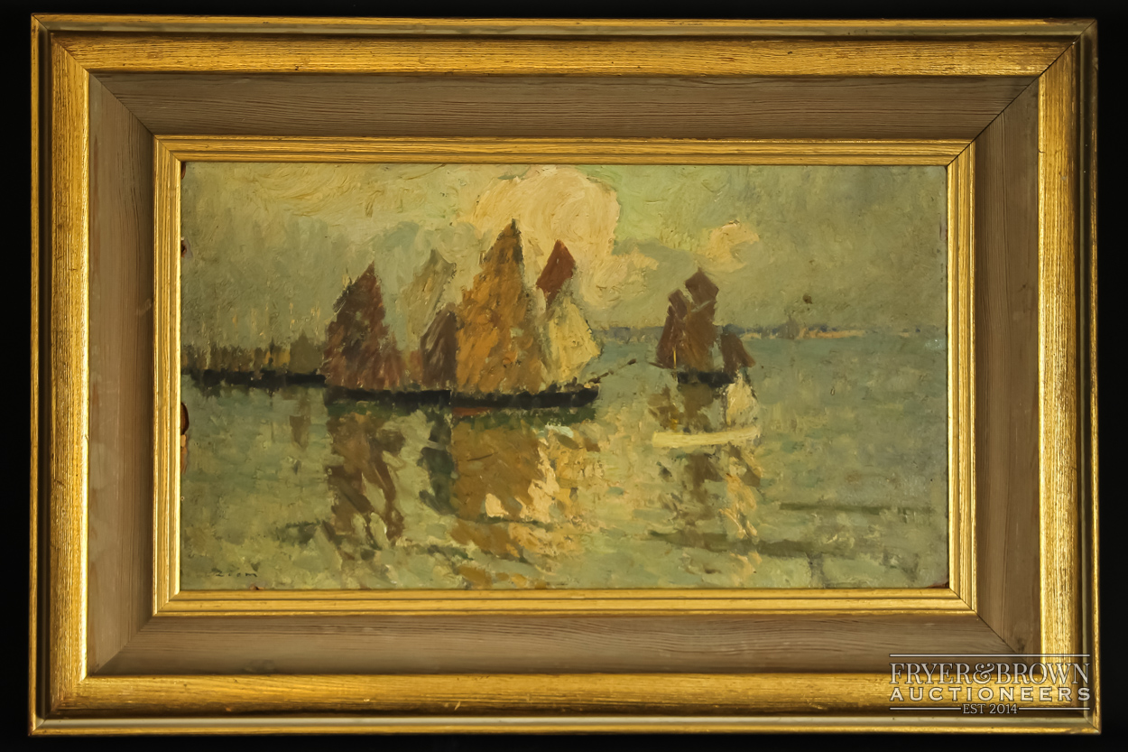 Ziem - sailing boats with reflections, oil on board, signed Ziem, 46 x 25.5cm