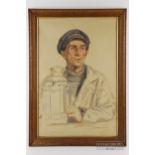 World War II interest - sailor in peaked cap with ship's lantern, watercolour on paper, unsigned, 37