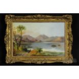 Attributed to George Goodman - mountainous landscape with lake and yachts, oil on board,