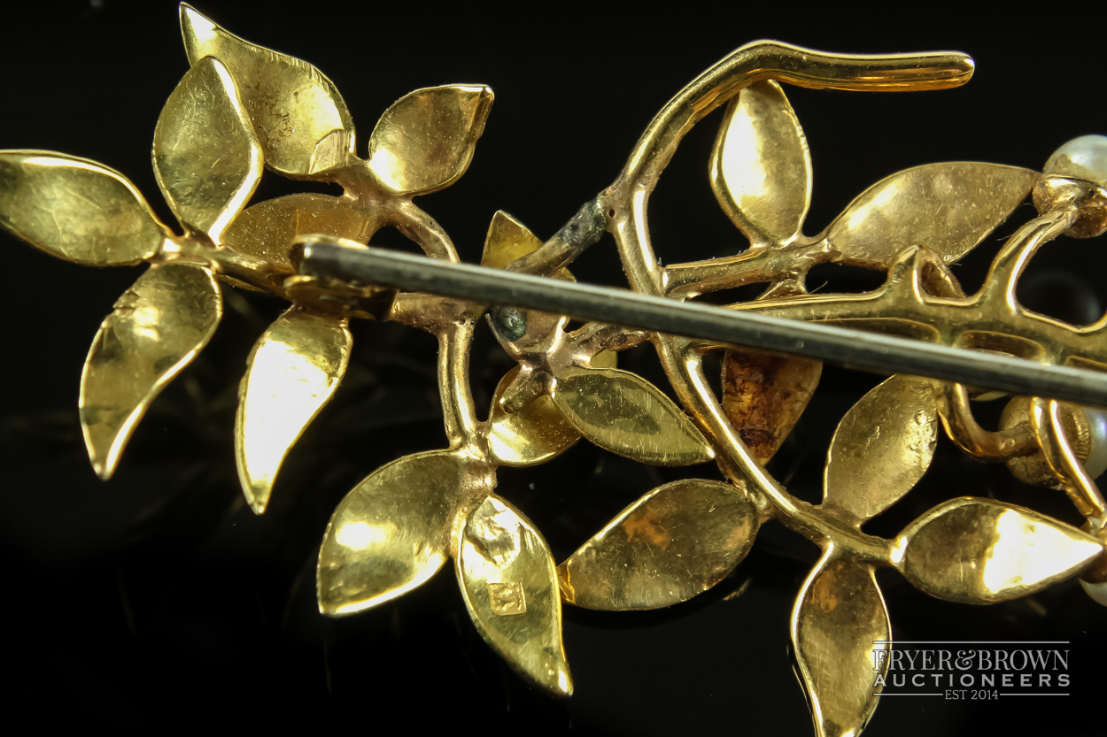 A yellow metal and split pearl brooch, formed as a stylised leafy 'flowering' branch, marked to - Image 4 of 4