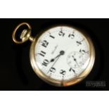 Hamilton - an early 20th century vintage rolled gold pocket watch, the white enamel dial with