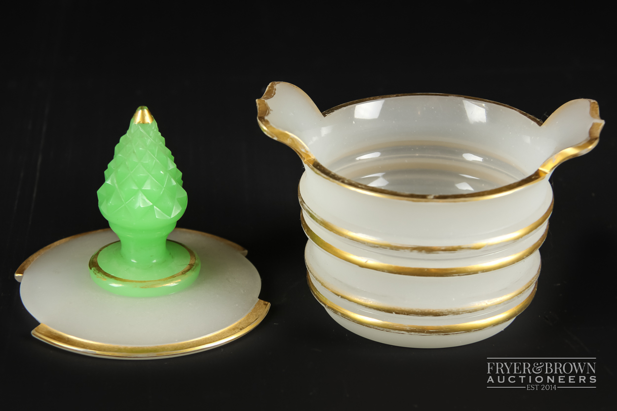 A rare French opaline glass tub, cover & stand, c1840, the tub with lugs and raised banding of - Image 2 of 3