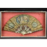 A late 18th century painted silk fan with silvered intricately pierced ivory sticks, the leaves