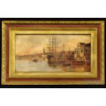 A Victorian oil on canvas, Venice canal scene with boats and gondolas at sunset, monogrammed and