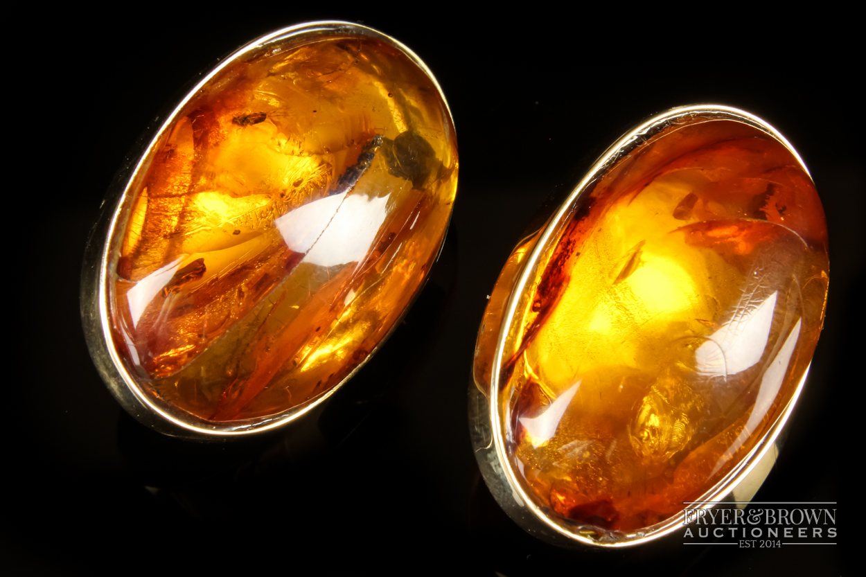 A 14ct Willy Jager for Halberstadt, Copenhagen, Denmark, 14ct gold mounted cabochon amber - Image 5 of 7